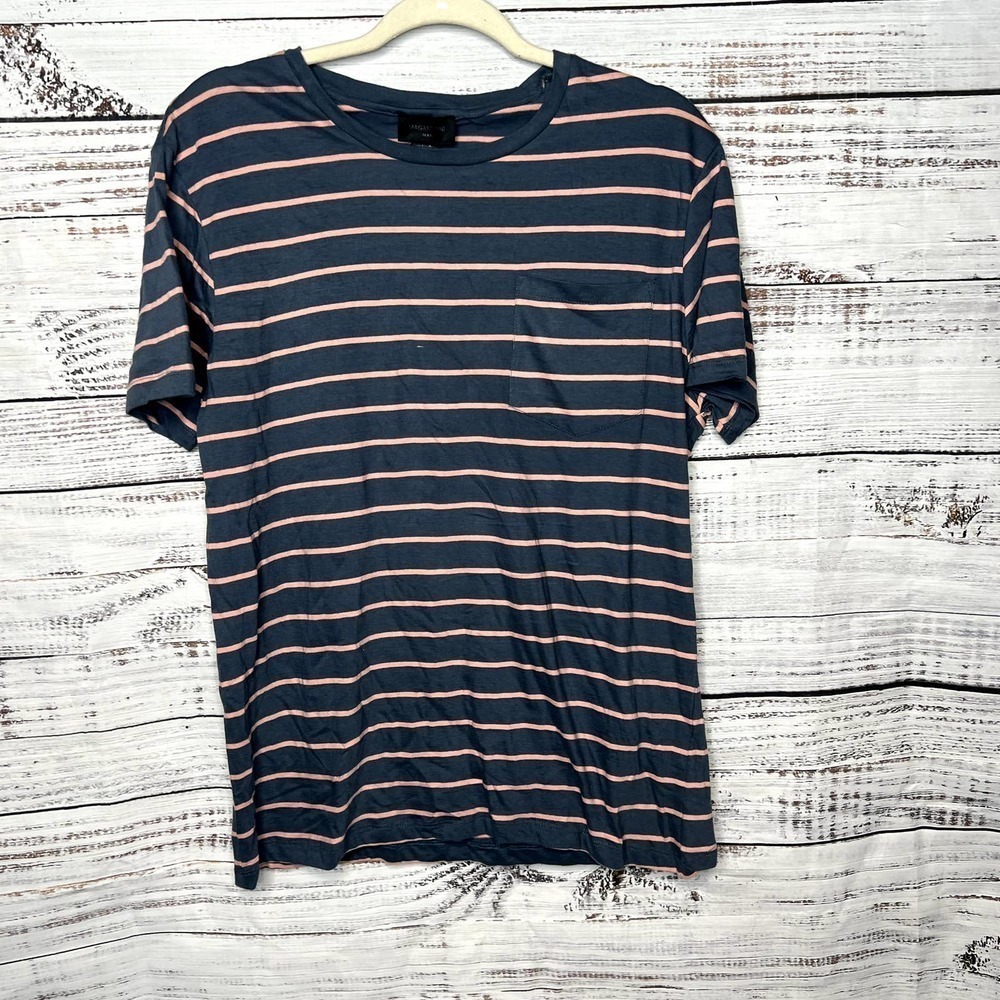 Magaschoni Mens Blue & Pink Stripe Tee T-Shirt Soft Pocket Shirt Sm